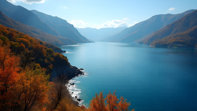 Stunning Coastal Landscape Ocean Bay with Autumn Foliage and Mountain Views Perfect for travel and nature publications