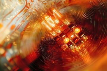 Abstract close-up of illuminated circuit board inside a swirling, orange tunnel, suggestive of technology and speed.