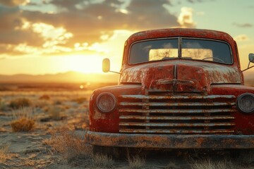 Rusty vintage truck at sunset in a deserted landscape, evokes nostalgia and the passage of time.