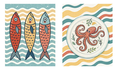 Naive drawing set of two vector images for seafood restaurant decor: colorful fish and octopus dish for culinary appeal
