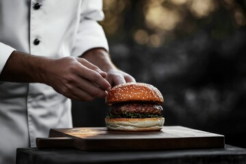 Chef carefully placing a juicy beef burger on a wooden board, ready to serve.