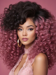 Young woman with voluminous curly ombre pink hair in a pink lace outfit against monochrome background