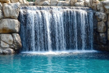 Serene waterfall cascading into a turquoise pool, surrounded by natural rock formations.