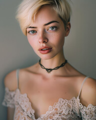 Close up portrait blonde woman with pixie cut, lace outfit, and soft natural makeup in studio lighting