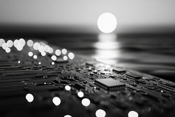 Circuit board at sunset, representing technological advancement and connection.