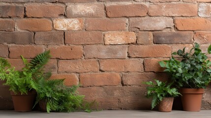 An inviting composition of potted plants set against a rustic brick wall, blending nature and architecture, fostering a sense of warmth, life, and tranquility in urban settings.