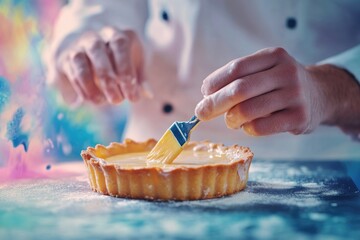 A pastry chef carefully glazes a golden tart crust with a pastry brush, adding a final touch of elegance.