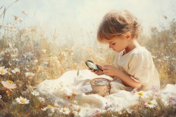 A young girl explores nature's wonders with a magnifying glass in a field of wildflowers.