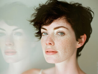 Pale skinned woman with short curly dark hair and freckles gazing forward next to frosted mirror reflection