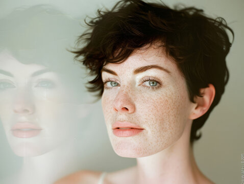 Pale skinned woman with short curly dark hair and freckles gazing forward next to frosted mirror reflection - Powered by Adobe