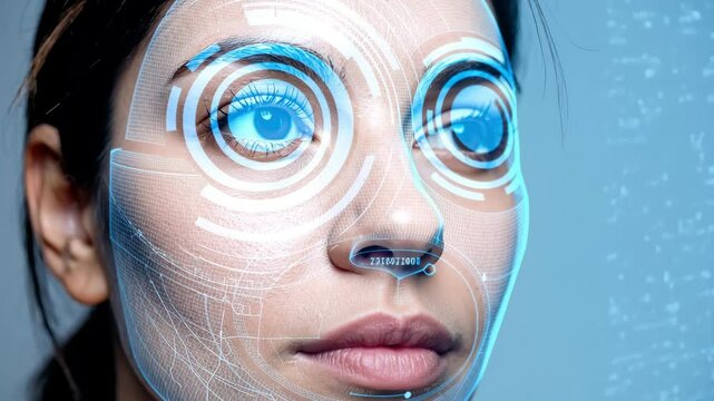 A futuristic digital face scan on a woman showing biometric security identity verification and advanced artificial intelligence technology concept