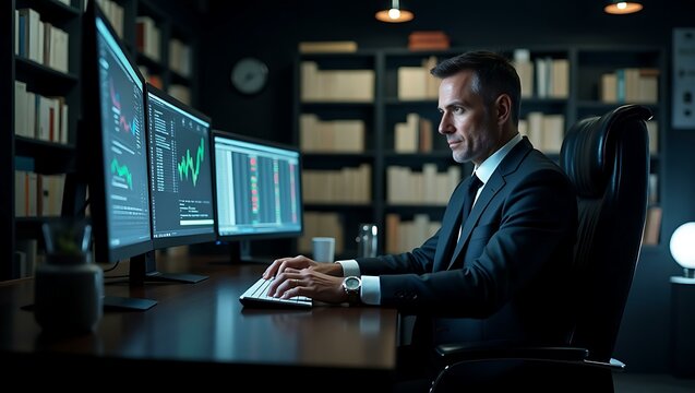 A focused businessman analyzes financial data on dual monitors in a stylish, modern office. - Powered by Adobe