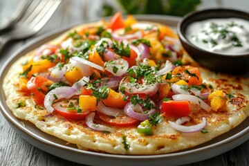 Savory flatbread topped with a vibrant mix of diced tomatoes, onions, bell peppers, and fresh herbs, served with a side of yogurt.