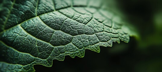 Close-Up of a Green Leaf Highlighting Intricate Veins and Textures Against a Soft Blurred Background