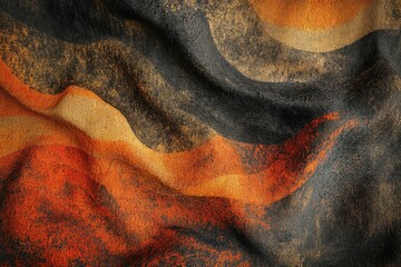 Abstract textured fabric with orange, black, and brown hues in a wavy pattern.