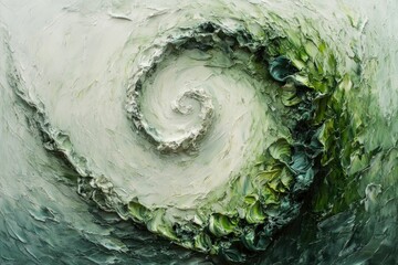 Abstract impasto painting of a swirling vortex, shades of green and white, textured and dynamic.