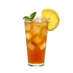 Refreshing Iced Tea: A tall glass of iced tea, garnished with a lemon wedge and fresh mint, perfect for a hot summer day. The amber liquid is inviting and refreshing.
