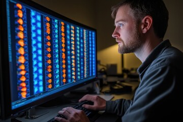A man intently analyzes complex data visualizations displayed on a large computer screen, likely involving scientific research or medical imaging.