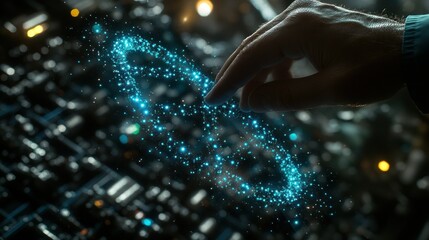 Hand hovering over a glowing chain link graphic over circuit board