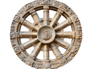 Engraved Sun. Stone Wheel Carving at Konark Sun Temple, India. Isolated on White Background