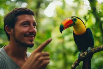 A man points at a vibrant keel-billed toucan in a lush green tropical forest.