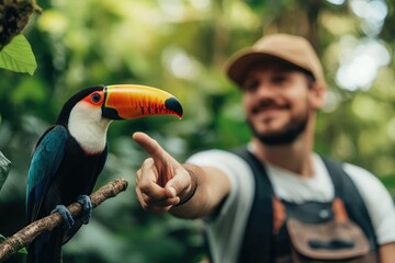 A man gently approaches a toucan perched on a branch in a lush green rainforest.