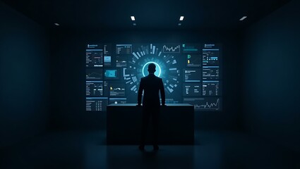 Silhouette of a businessman analyzing digital data on a futuristic display in a dark, high-tech room.