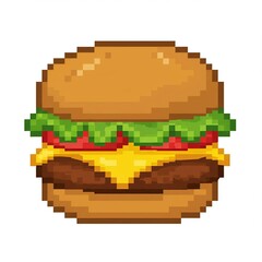 "Pixel art of a juicy cheeseburger with lettuce and tomato, pixel food icon, on white background"
