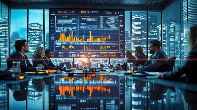 Business professionals in a futuristic boardroom surrounded by glass walls, reviewing analytics on a digital screen against a glowing city skyline - Powered by Adobe