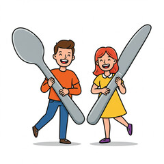  Happy smiling man and woman cartoon holding giant spoon fork and knife vector illustration