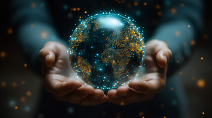 Hands holding glowing digital Earth with data points in dark space