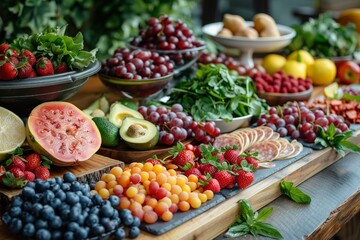 A colorful array of fresh fruits and vegetables invites a closer look, representing health, vitality, and abundance in a visually appealing and artistic arrangement.