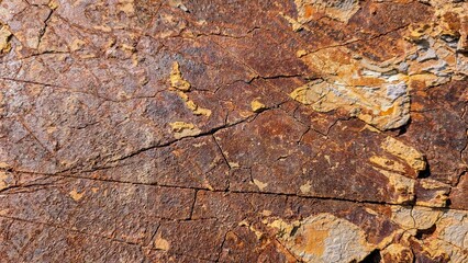 Cracked rock revealing vibrant mineral deposits, creating intricate geological texture with rich color variations and complex natural patterning