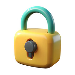 A cheerful yellow padlock with a teal shackle, isolated on white background
