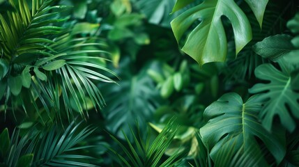 Fototapeta premium A rich and vibrant collection of green leaves in a tropical setting evokes a sense of calm and connection to nature, presenting an oasis for relaxation and peace.