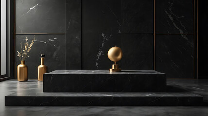 Elegant black or charcoal gray podiums with soft spotlight, subtle shadows, and rich textures like marble, matte stone, or brushed metal. Minimalist composition with dramatic lighting, moody atmospher