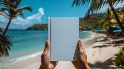 Hands holding blank book on tropical beach with ocean view (1)