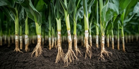 A Lush Field of Thriving Corn with Deep Root Systems Revealing Growth from Below the Soil Depths
