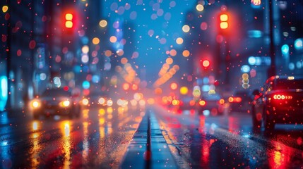 Fototapeta premium A captivating night scene of a bustling urban street, illuminated by colorful lights and reflections on a rain-soaked surface, evoking feelings of energy and excitement.