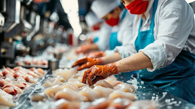 Dedicated workers methodically handle fresh fish in a bustling seafood processing facility, illustrating the hard work and skill required in the food industry.
