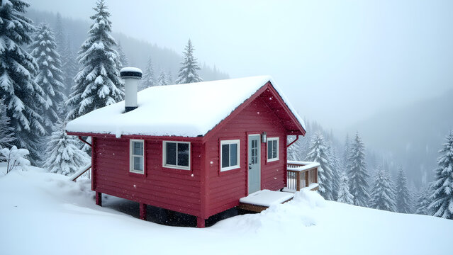 Cozy Red Cabin in Snow-Covered Mountain Landscape for Winter Getaway and Nature Retreat