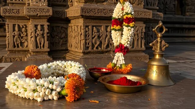 Temple Decorations in Stone with Marigold and White Flower Garlands and a Brass Bell in India with Carved Details during Day
