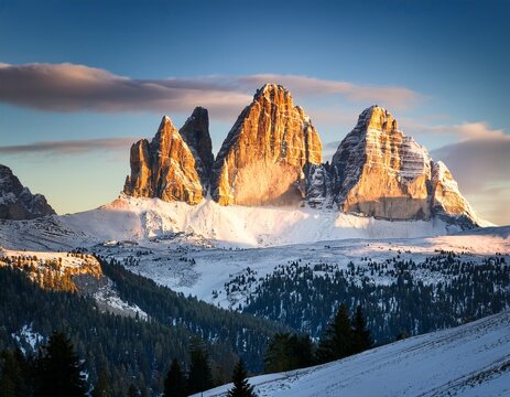 sexten dolomites covered in snow in morning light italy