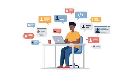 Remote work and online communication concept with diverse people and technology elements vector illustration
