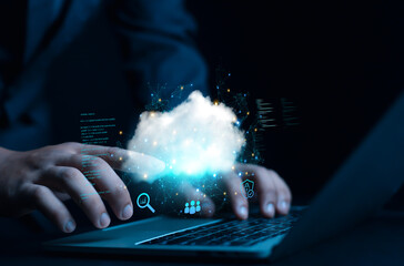 Cloud computing diagram showing cloud technology infographic icons and hand touch cloud in cloud...