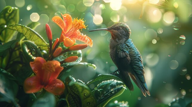 A stunning capture of a hummingbird gracefully hovering near a bright orange flower, showcasing the delicate beauty of nature and the harmonious interaction between wildlife and flora.