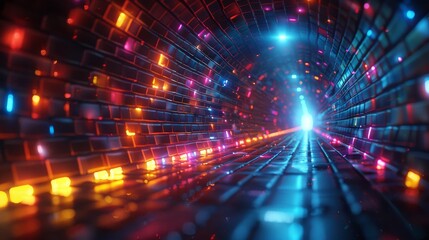 Obraz premium An abstract tunnel filled with vibrant lights and colors creating a mesmerizing visual experience that draws the viewer into a dynamic world of energy and depth.