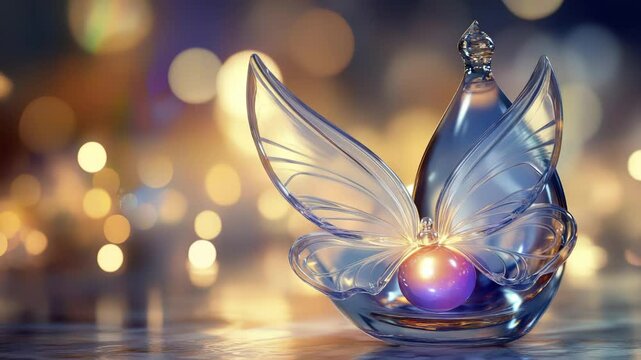 A delicate glass butterfly sculpture captures light beautifully, with a vibrant orb at its center. The surrounding ambiance is filled with soft glowing lights, creating a magical atmosphere.