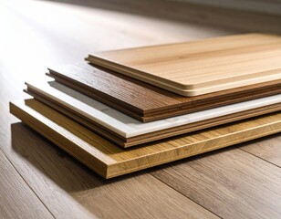 Fototapeta premium Editorial AI Generated - Assortment of wooden laminate floo samples in various shades and textures displayed on a light-colored surface for interior design ideas