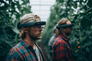 Fototapeta premium Man wearing mixed reality headset inside of greenhouse or indoor farm, agriculture technology for growing food